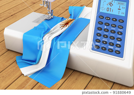 Sewing machine with Argentinean flag on the wooden table. 3D rendering Sewing machine with Argentinean flag on the wooden table. 3D rendering 91880649