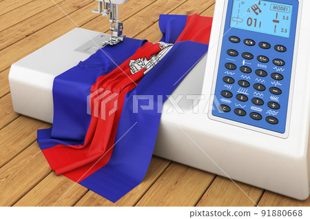 Sewing machine with Cambodian flag on the wooden table. 3D rendering Sewing machine with Cambodian flag on the wooden table. 3D rendering 91880668