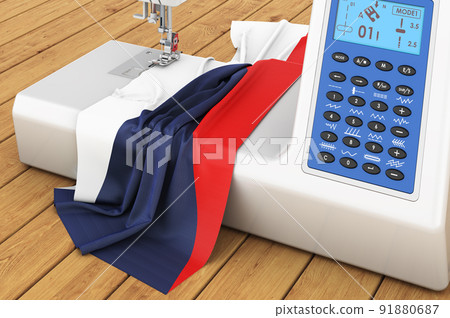 Sewing machine with Czech flag on the wooden table. 3D rendering 91880687
