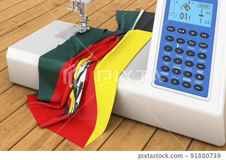 Sewing machine with Mozambican flag on the wooden table. 3D rendering 91880739