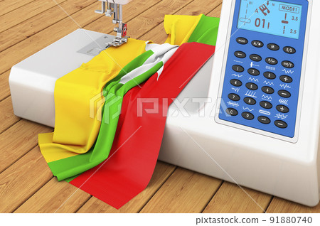 Sewing machine with Myanmar flag on the wooden table. 3D rendering 91880740