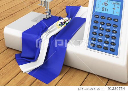 Sewing machine with Salvadoran flag on the wooden table. 3D rendering Sewing machine with Salvadoran flag on the wooden table. 3D rendering 91880754