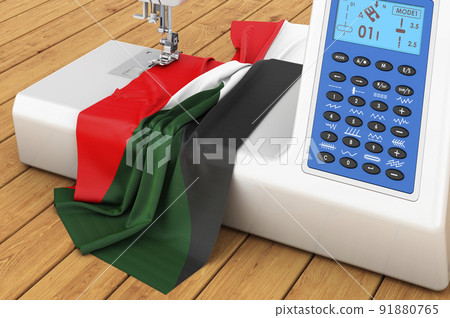 Sewing machine with Sudanese flag on the wooden table. 3D rendering Sewing machine with Sudanese flag on the wooden table. 3D rendering 91880765