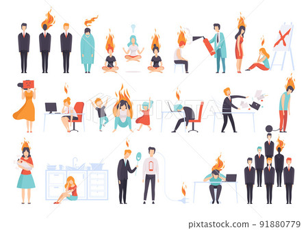 Stress with People Character with Negative Emotion Burned Out at Work and at Home with Flame Big Vector Set 91880779