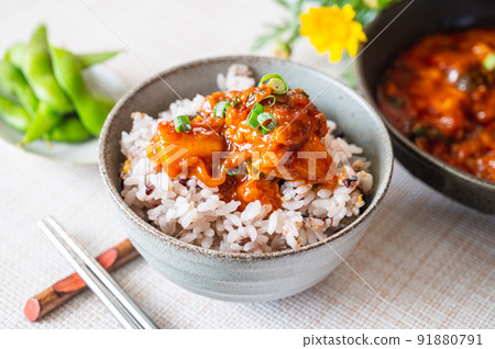 Cheese Dak-galbi on millet rice 91880791
