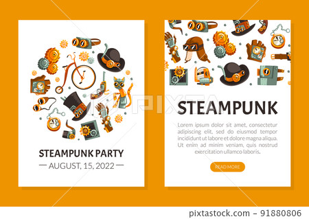 Steampunk Retrofuturistic Technology Design with Industrial Steam-powered Mechanism Vector Template 91880806