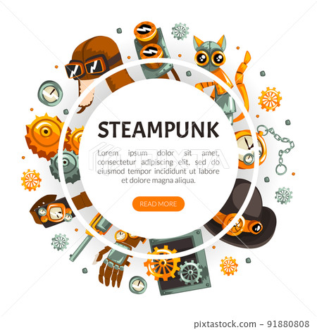 Steampunk Retrofuturistic Technology Design with Industrial Steam-powered Mechanism Vector Template 91880808