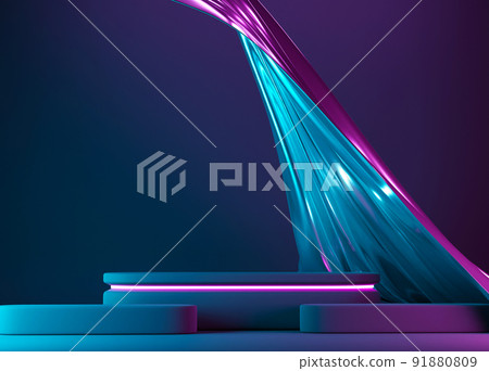 Neon podium with pink, blue neon color falling fabric, cloth background 91880809