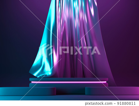 Neon podium with pink, blue neon color falling fabric, cloth background Neon podium with pink, blue neon color falling fabric, cloth background 91880811