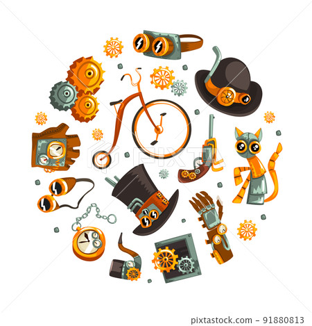 Steampunk Retrofuturistic Technology with Industrial Steam-powered Mechanism Round Vector Composition Steampunk Retrofuturistic Technology with Industrial Steam-powered Mechanism Round Vector Composition 91880813