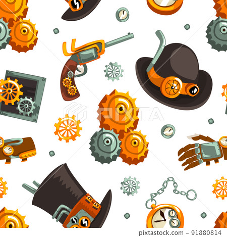 Steampunk Retrofuturistic Technology with Industrial Steam-powered Mechanism Vector Seamless Pattern Steampunk Retrofuturistic Technology with Industrial Steam-powered Mechanism Vector Seamless Pattern 91880814