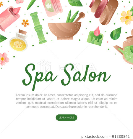 Spa Original Design with Essential Oil Jar, Candle and Bowl for Aromatherapy and Relax Vector Template 91880841