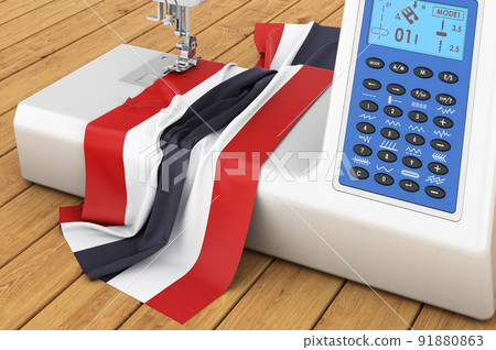 Sewing machine with Thai flag on the wooden table. 3D rendering 91880863