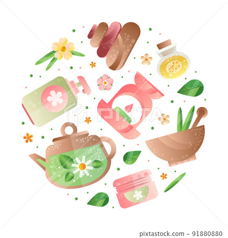 Spa with Essential Oil, Lotion and Candle for Aromatherapy and Relax Vector Round Composition 91880880