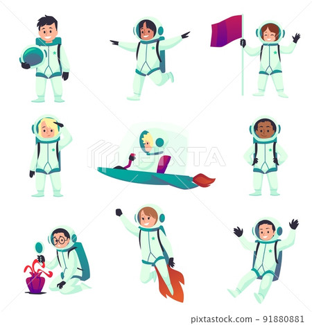 Kid astronauts cartoon vector characters with rocket, set of flat illuatrations 91880881