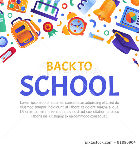 School Objects and Supplies Design with Backpack, Alarm Clock and Bell Vector Template School Objects and Supplies Design with Backpack, Alarm Clock and Bell Vector Template 91880904