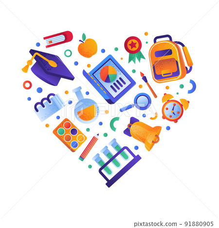 School Objects and Supplies with Backpack, Graduation Hat, Alarm Clock and Bell Vector Heart Shaped Composition School Objects and Supplies with Backpack, Graduation Hat, Alarm Clock and Bell Vector Heart Shaped Composition 91880905