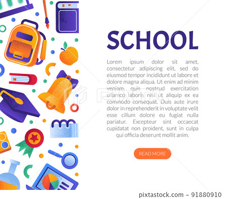 School Objects and Supplies Design with Backpack, Flask and Bell Vector Template School Objects and Supplies Design with Backpack, Flask and Bell Vector Template 91880910