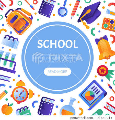 School Objects and Supplies Design with Backpack, Alarm Clock and Bell Vector Template 91880913