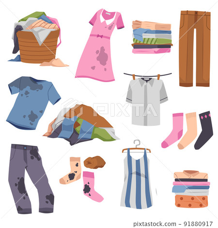 Pile of dirty clothes, stack of clean cloth in flat vector illustration 91880917