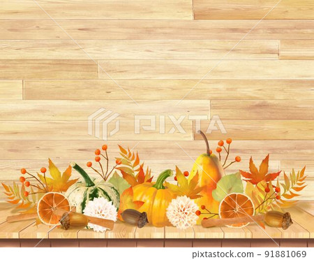 Autumn image wallpaper material of warm wood board and pumpkin, maple, dried fruit and nuts Autumn image wallpaper material of warm wood board and pumpkin, maple, dried fruit and nuts 91881069