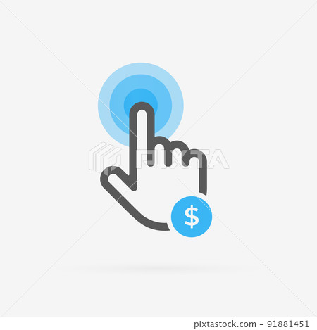 Pay per Click vector icon. PPC or CPL Cost per Lead digital marketing advertising strategy. Hand in the form of a cursor with an icon of money, clicks on advertising concept with black and blue color 91881451