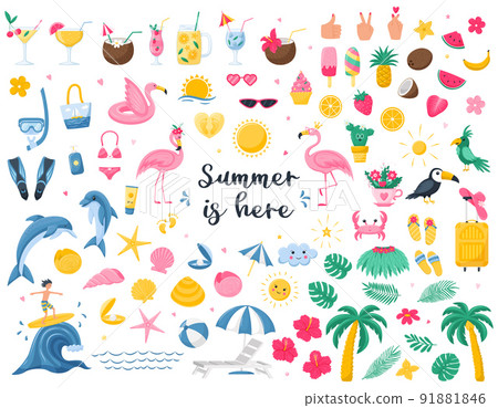 A large collection of bright summer design elements. Cocktails, botany, animals, beach accessories, tropical fruits, sweet food. Cute vector illustrations in Flat cartoon style isolated on white A large collection of bright summer design elements. Cocktails, botany, animals, beach accessories, tropical fruits, sweet food. Cute vector illustrations in Flat cartoon style isolated on white 91881846