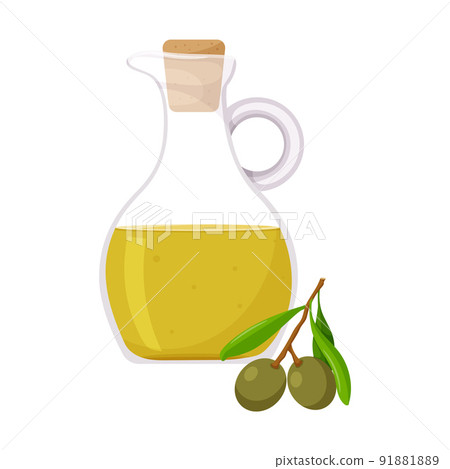 A Jar With Olive Oil And Some Green Olives Isolated Over A White