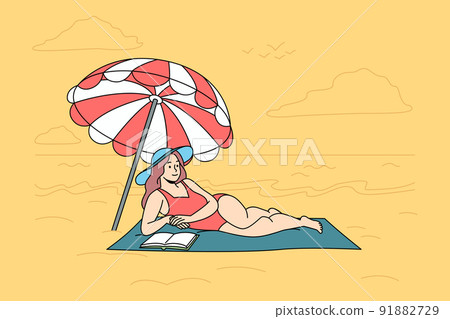 Happy woman in swimsuit lying on beach Happy woman in swimsuit lying on beach 91882729