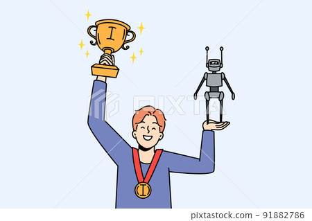 Happy boy win prize for robot creating 91882786