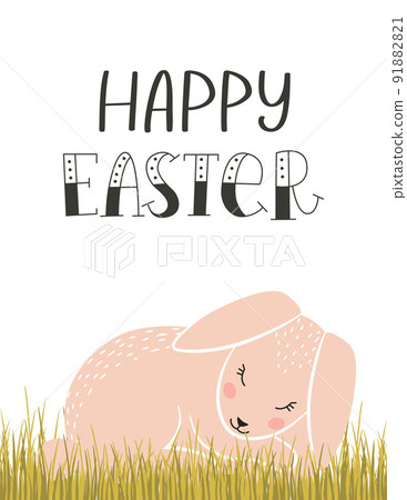 Easter greeting card with a cute pink Easter bunny sleeping in the grass and a hand lettering phrase - Happy Easter. Color flat cartoon vector illustration on white background Easter greeting card with a cute pink Easter bunny sleeping in the grass and a hand lettering phrase - Happy Easter. Color flat cartoon vector illustration on white background 91882821