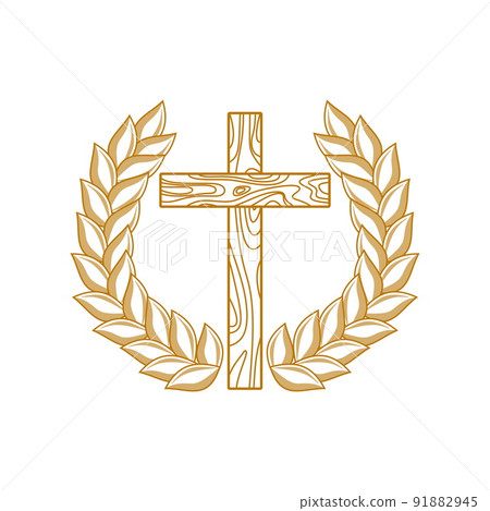 Church logo. Christian symbols. The cross of Jesus Christ framed by a wreath of leaves. Church logo. Christian symbols. The cross of Jesus Christ framed by a wreath of leaves. 91882945