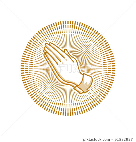Church logo. Christian symbols. Hands folded in prayer. Shine around. 91882957
