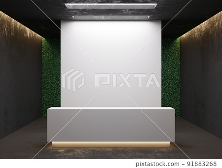 White reception counter in modern room with dark walls. Blank registration desk in hotel, spa or office. Reception mock up with copy space for branding, logo. Contemporary style. 3D rendering. White reception counter in modern room with dark walls. Blank registration desk in hotel, spa or office. Reception mock up with copy space for branding, logo. Contemporary style. 3D rendering. 91883268