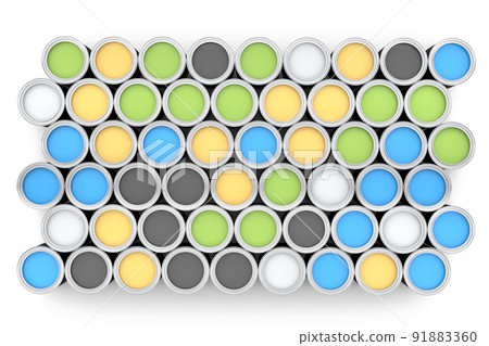 Set of open metal can or buckets of paint in row pattern on white background. 91883360