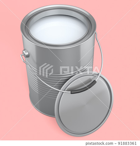 Open metal can or buckets of paint with handle on pink background. 91883361