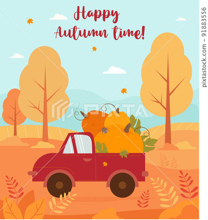 Autumn poster with Pumpkin truck. Fall harvest truck on background of autumn nature - Happy autumn time. Vector illustration. Vertical poster for cards, print, decor, booklets and greeting cards. Autumn poster with Pumpkin truck. Fall harvest truck on background of autumn nature - Happy autumn time. Vector illustration. Vertical poster for cards, print, decor, booklets and greeting cards. 91883556