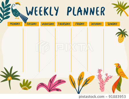 Weekly planner jungle. Planner with parrots and tropical leaves. Template for sticky notes, planners, check lists, journal and other stationery. Elementary school student. Vector illustration. Weekly planner jungle. Planner with parrots and tropical leaves. Template for sticky notes, planners, check lists, journal and other stationery. Elementary school student. Vector illustration. 91883953