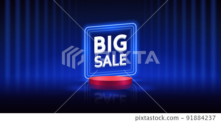 Neon Big Sale Banner on Dark Blue Background Neon Big Sale Banner on Dark Blue Background 91884237