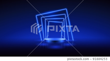Cylinder Podium with Neon on Dark Blue Background 91884253