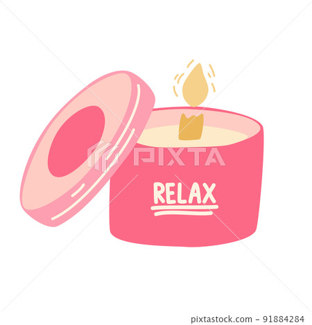 Scented candle. Candle in glass with the inscription relax. Home design, interior, aromatherapy, hygge home decoration, light concept. Handmade candles in glass jar, tin. Vector cartoon illustration Scented candle. Candle in glass with the inscription relax. Home design, interior, aromatherapy, hygge home decoration, light concept. Handmade candles in glass jar, tin. Vector cartoon illustration 91884284
