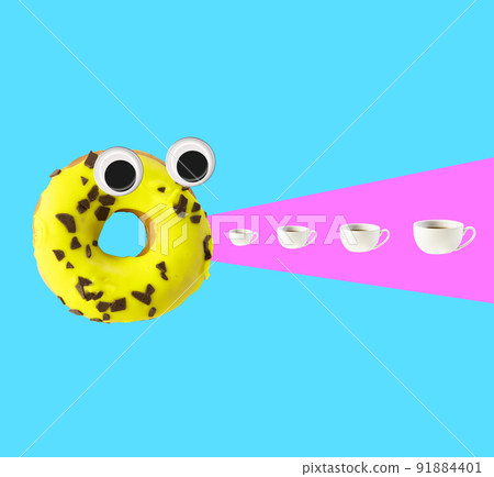 Contemporary art collage. Creative colorful design with donut and coffee cups isolated on blue background Contemporary art collage. Creative colorful design with donut and coffee cups isolated on blue background 91884401