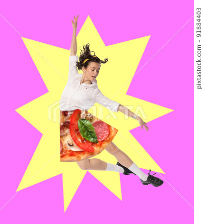 Contemporary art collage. Creative colorful design with woman in pizza skirt dancing isolated on pink background Contemporary art collage. Creative colorful design with woman in pizza skirt dancing isolated on pink background 91884403