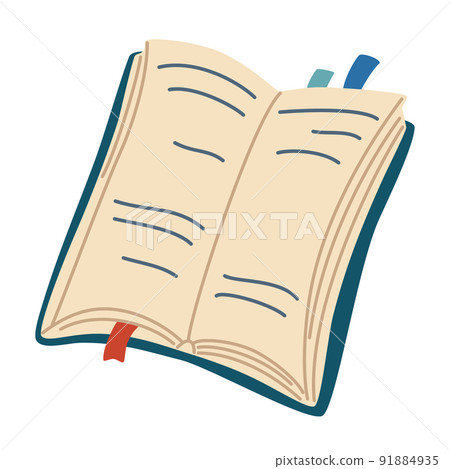 Open book with bookmarks. Colored notebook with stickers isolated on white background. Textbook or organizer in hardcover. Hand draw vector illustration. Open book with bookmarks. Colored notebook with stickers isolated on white background. Textbook or organizer in hardcover. Hand draw vector illustration. 91884935