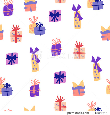 Gift box seamless pattern. Gift boxes with bows. Modern background for fabric, wrapping paper, textile, wallpaper and apparel. Hand draw vector illustration for greeting cards, invitations, posters. Gift box seamless pattern. Gift boxes with bows. Modern background for fabric, wrapping paper, textile, wallpaper and apparel. Hand draw vector illustration for greeting cards, invitations, posters. 91884936