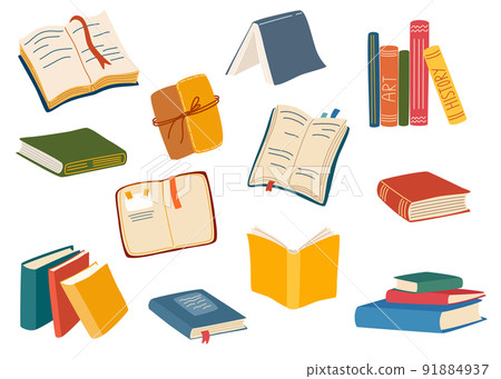 Stacks of books for reading. Different books collection. Set of literature, dictionaries, encyclopedias, planners with bookmarks. pile of textbooks for education. Open and closed books. Vector Stacks of books for reading. Different books collection. Set of literature, dictionaries, encyclopedias, planners with bookmarks. pile of textbooks for education. Open and closed books. Vector 91884937