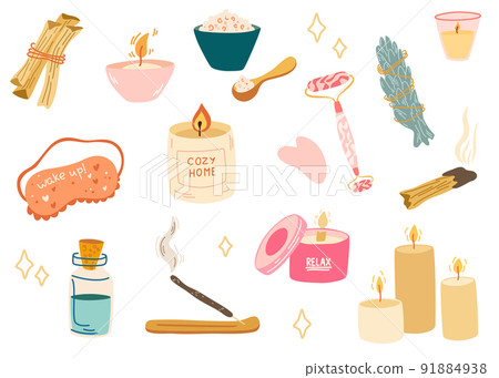 Various beauty skin care tools. Aromatherapy trendy set with essential oils, candles, spa and massage. Skincare routine, sleeping mask, facial roller massager. Wellness and wellbeing concept. Vector Various beauty skin care tools. Aromatherapy trendy set with essential oils, candles, spa and massage. Skincare routine, sleeping mask, facial roller massager. Wellness and wellbeing concept. Vector 91884938