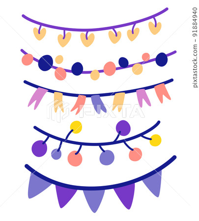Garlands set. Hanging festive decorations isolated. Light bulbs, flags and flashlights. Birthday party decorations. Cartoon holiday elements. Hand draw vector illustration.  91884940