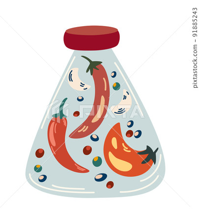 Jar of pickled peppers. Fermented veggies. Marinated vegetables in can, homemade production full of probiotics. Organic product. Crunch red chili peppers with salt. Hand draw vector illustration. Jar of pickled peppers. Fermented veggies. Marinated vegetables in can, homemade production full of probiotics. Organic product. Crunch red chili peppers with salt. Hand draw vector illustration. 91885243