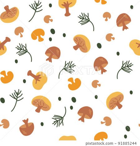 Mushrooms seamless pattern. Champignons and herbs, pickles. Food background. Organic product. Marinated vegetables. Wallpaper, textile, wrapping paper.  Hand draw vector illustration. 91885244